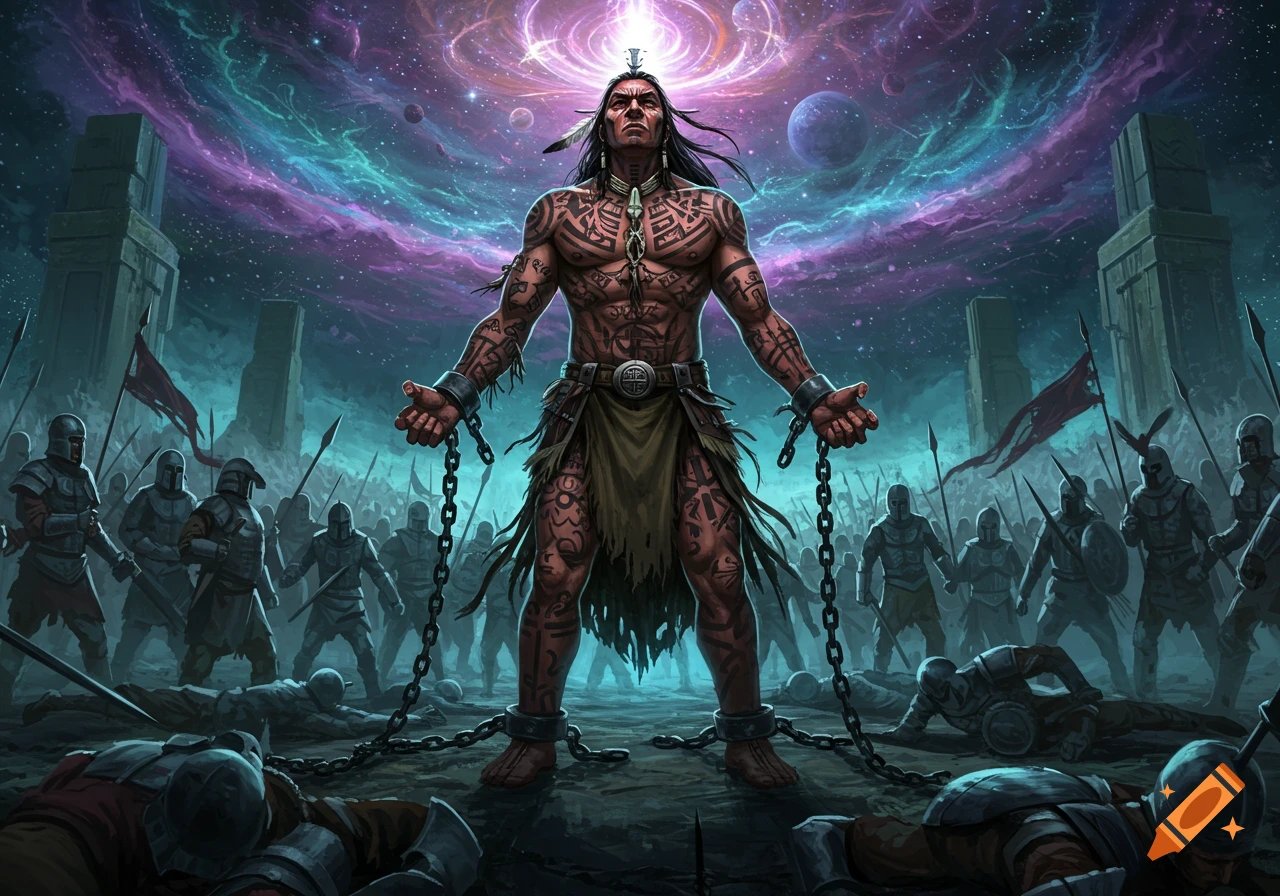 A powerful, tattooed warrior in chains stands defiantly against an army under a cosmic, star-filled sky with planets. Digital art.