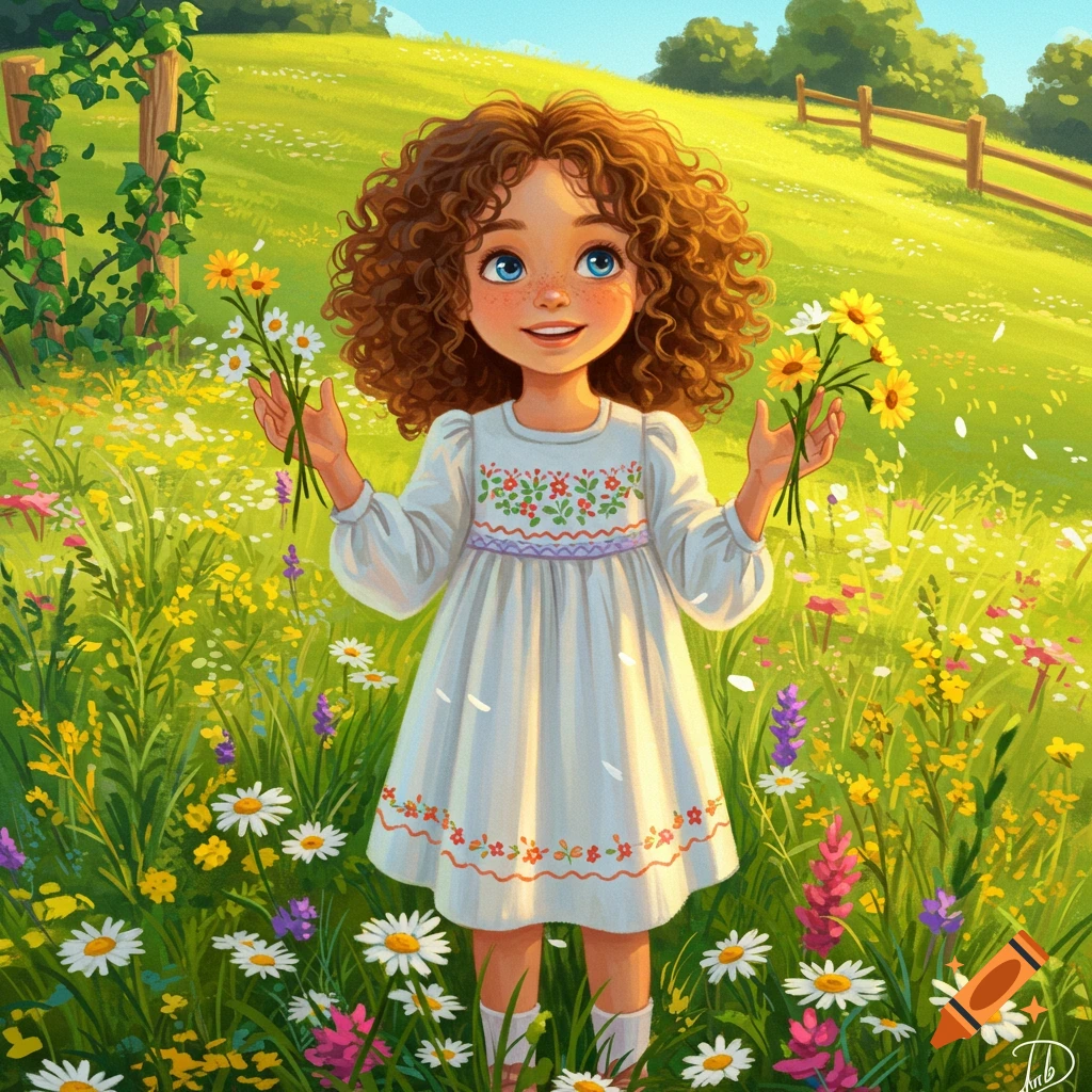 A smiling, curly-haired girl in a white dress stands in a vibrant flower meadow, holding wildflowers, in a cheerful illustration.