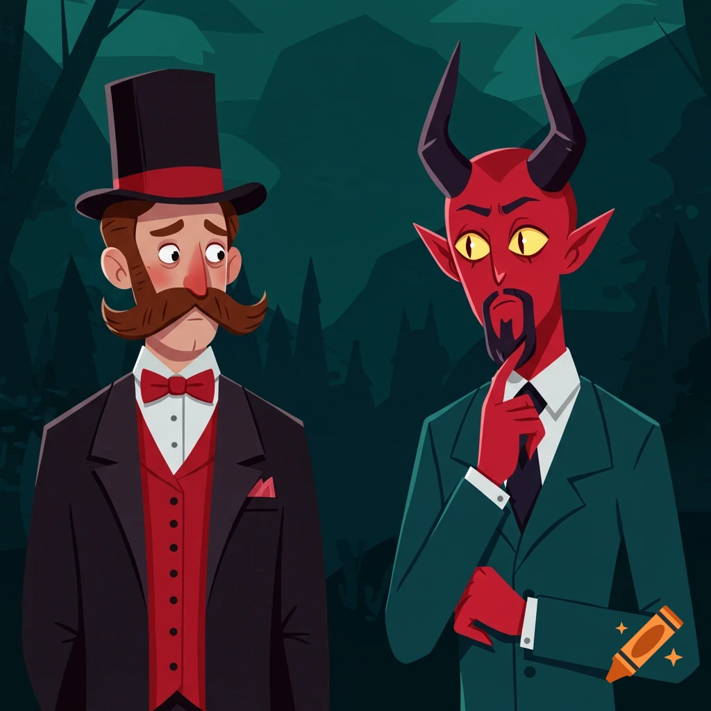 A stylized flat art illustration of a concerned man in a top hat next to a red-skinned devil with horns, set against a dark forest background.