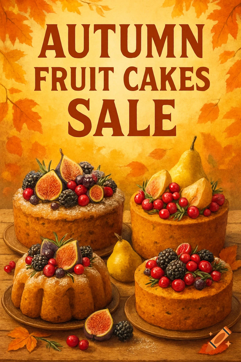 An autumn-themed advertisement with four fruit cakes decorated with figs, berries, and pears, surrounded by fall leaves.