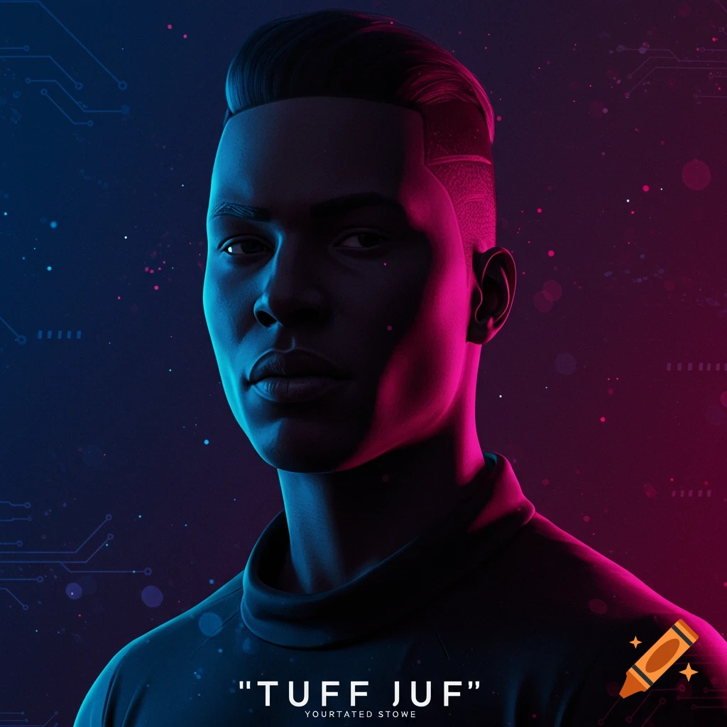 A stylized portrait of a man illuminated by neon blue and pink light, with circuit board patterns in the background. Text at the bottom reads "TUFF JUF" and "YOURTATED STOWE".
