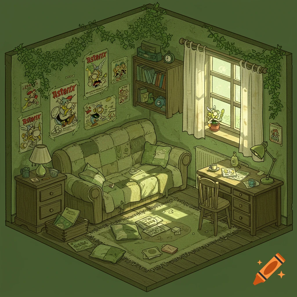 An isometric illustration of a cozy, messy green room with Asterix posters, a sofa, desk, bookshelf, and sunlight streaming through a window.