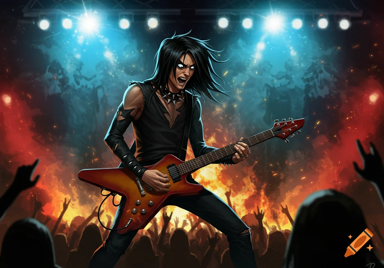 Stylized heavy metal guitarist with long black hair, screaming while playing an electric guitar on a stage with bright lights and a fiery crowd.