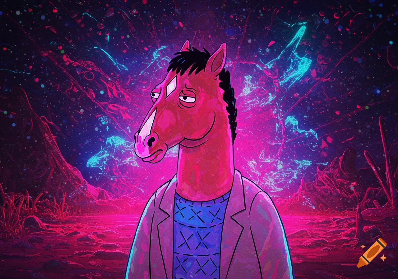 Bojack Horseman in a vibrant, dark psychedelic landscape with neon pink and blue colors.
