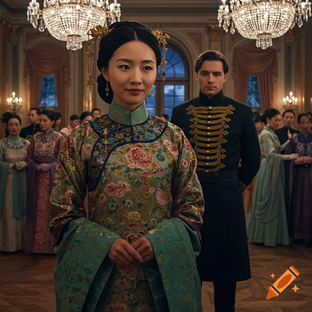 A young Asian woman in an ornate Qing dynasty gown stands in a grand ballroom, with a man in uniform and guests behind her.