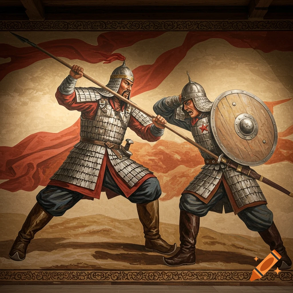 Wall mural of a Mongolian general and a Russian soldier in armor fighting with spears.