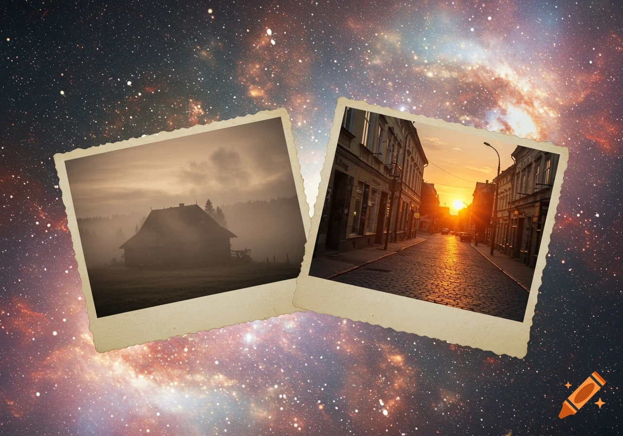 Two vintage-style photos, one of a house in a foggy forest, one of a cobblestone street at sunset, overlaid on a starry galaxy background.