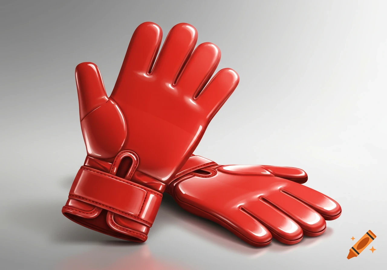 Two glossy red sports gloves, one standing upright and the other lying flat, against a light gray background.