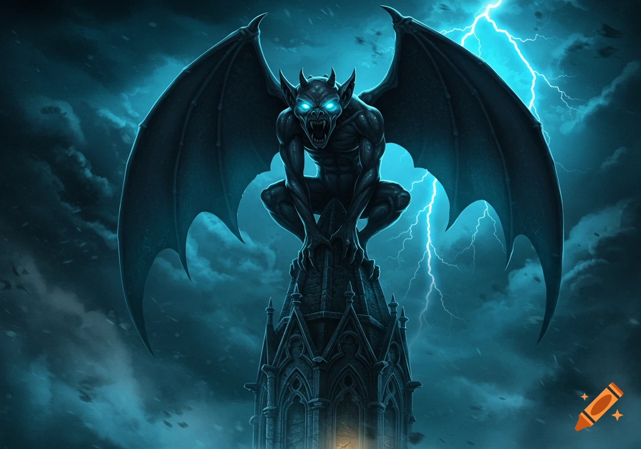 A dark gargoyle with glowing blue eyes and large wings perched on a gothic tower during a lightning storm at night.