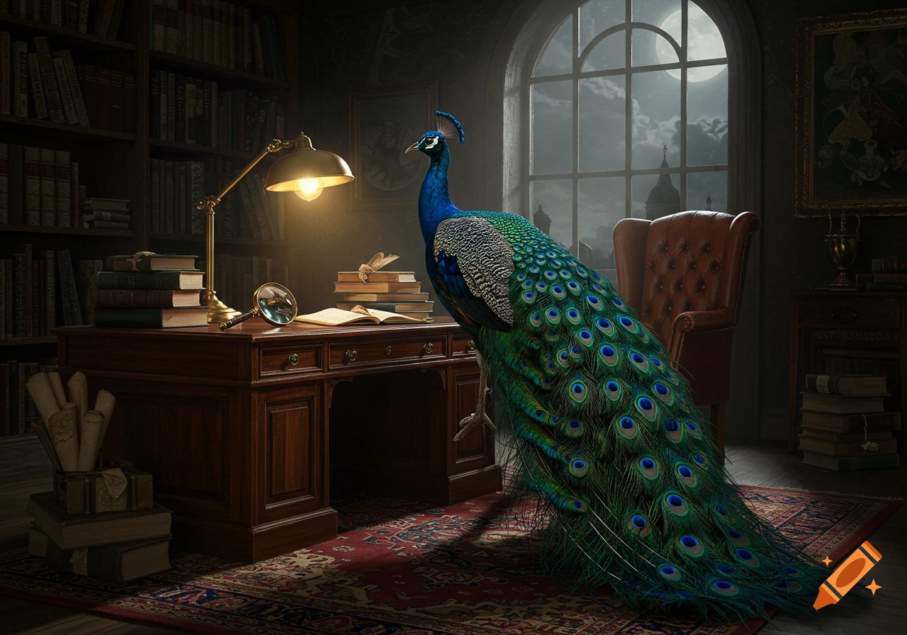 A vibrant peacock stands by a desk with a lit lamp in a dark, ornate library, with a moonlit window.