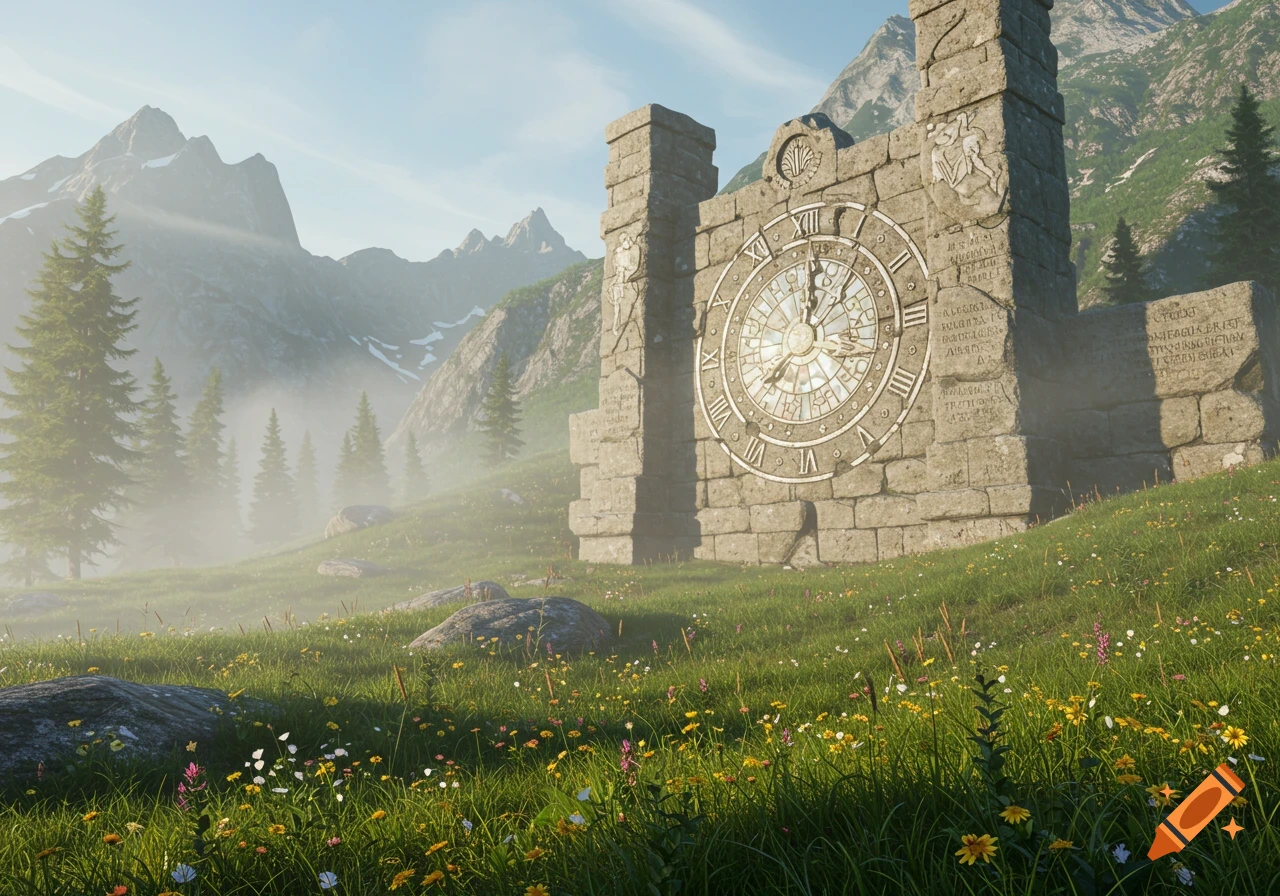 Photorealistic image of a large stone clock structure amidst a green, flower-filled meadow with misty mountains in the background.