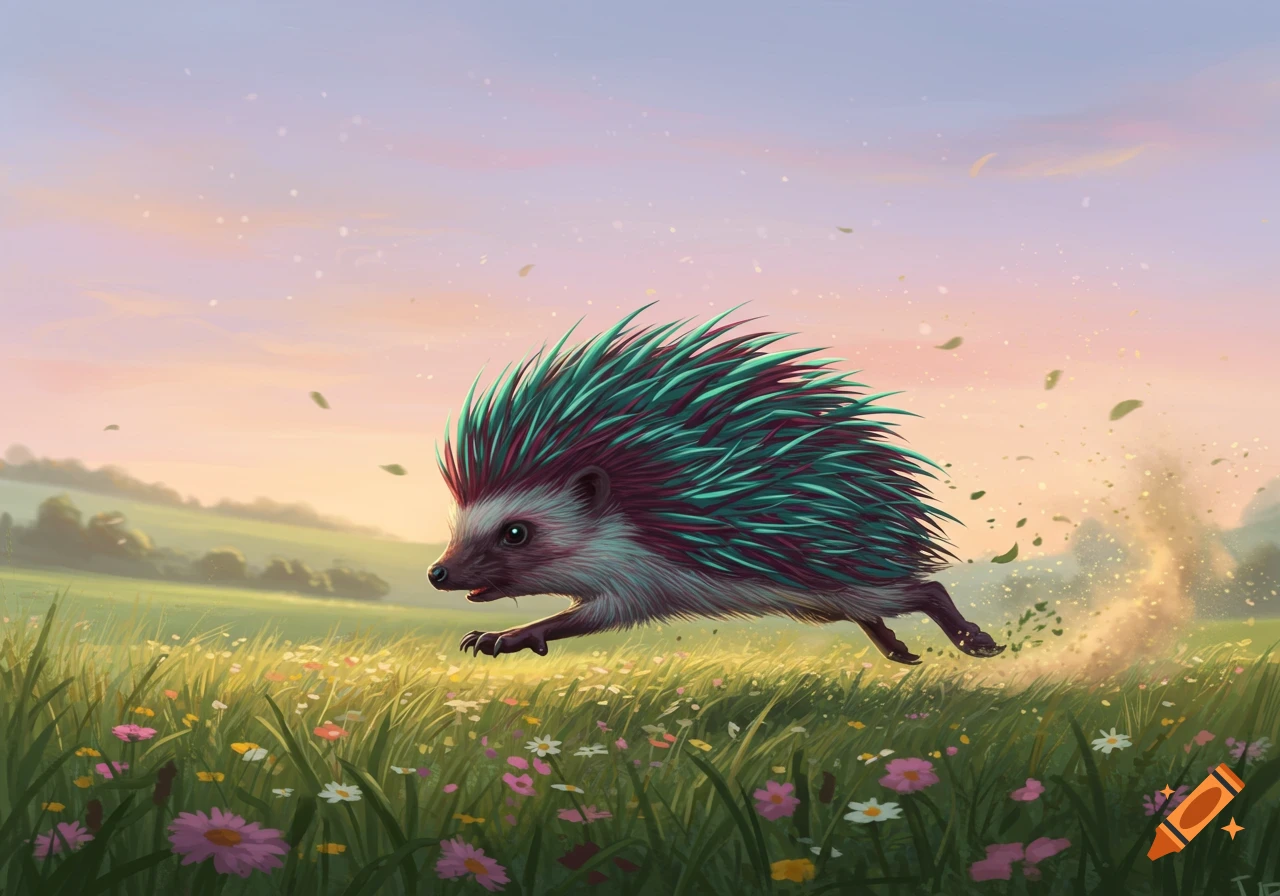 A colorful hedgehog with teal and magenta spines runs through a vibrant flowery green field under a pastel sky.