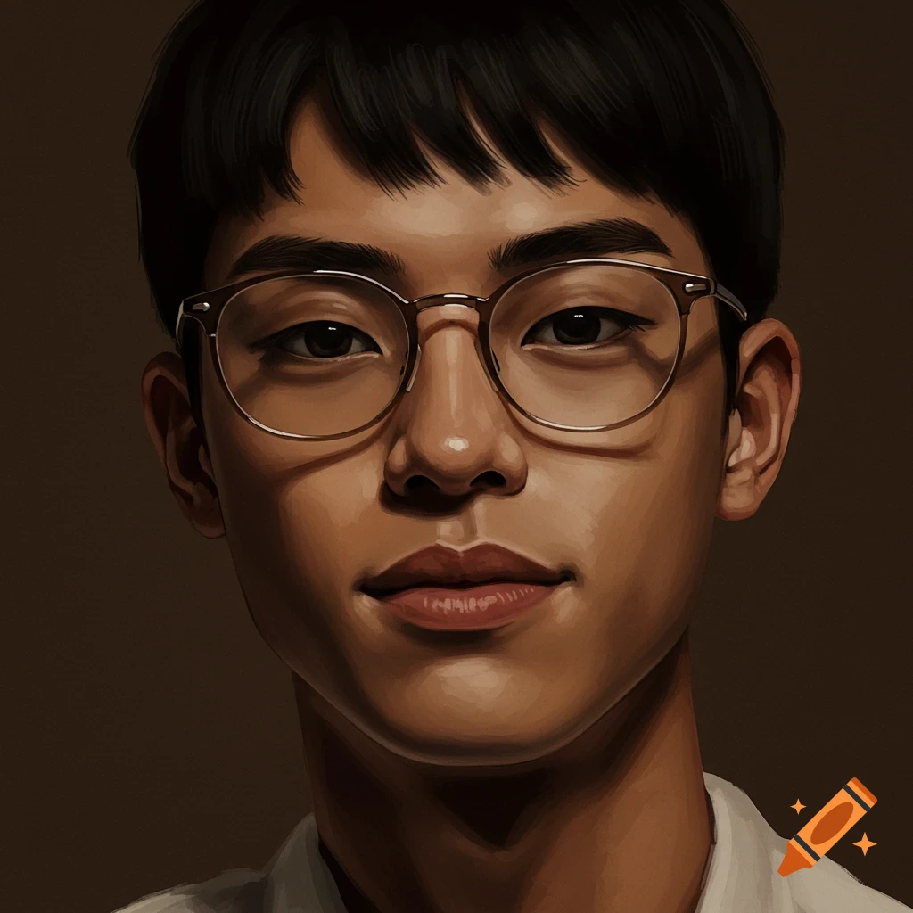 Close-up illustration of a young man with short dark hair, round glasses, and a subtle smile against a dark background.