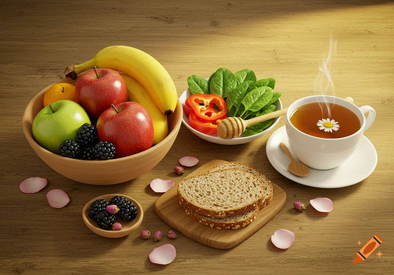 Photorealistic still life of a healthy breakfast spread with a fruit bowl, vegetables, whole grain bread, and a steaming cup of tea with a daisy.