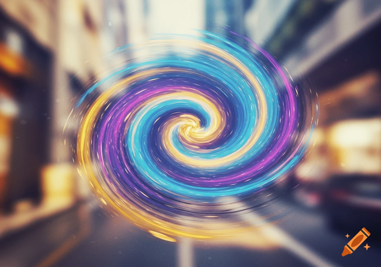 Vibrant blue, purple, and yellow swirl dominates a blurred urban street background.