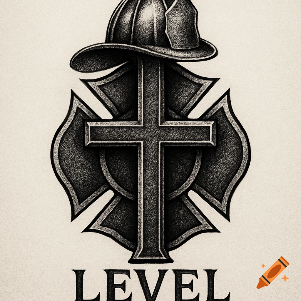 Black and gray tattoo design featuring a firefighter helmet, a cross, and a Maltese cross shield, with the word 'LEVEL'.