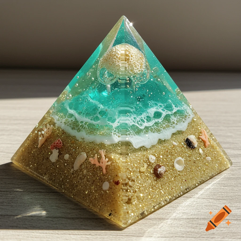 Resin pyramid with a beach scene inside, featuring sand, shells, turquoise water, waves, and a jellyfish.