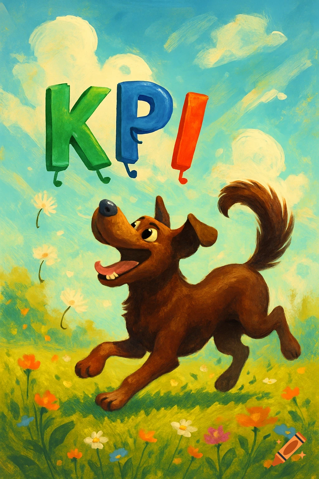 Happy cartoon dog chases large green 'K', blue 'P', and orange 'I' letters in a sunny, flower-filled field, painted in a bright illustration style.
