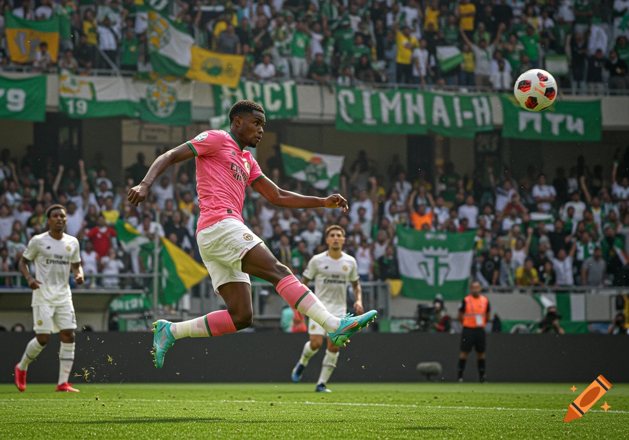 A male soccer player in a pink jersey and white shorts kicks a soccer ball mid-air in a crowded stadium filled with green and white flags.
