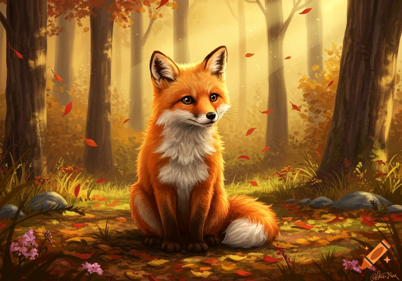 A cute, fluffy red fox sits in a sun-drenched autumn forest with colorful fallen leaves and tall trees, digital painting.