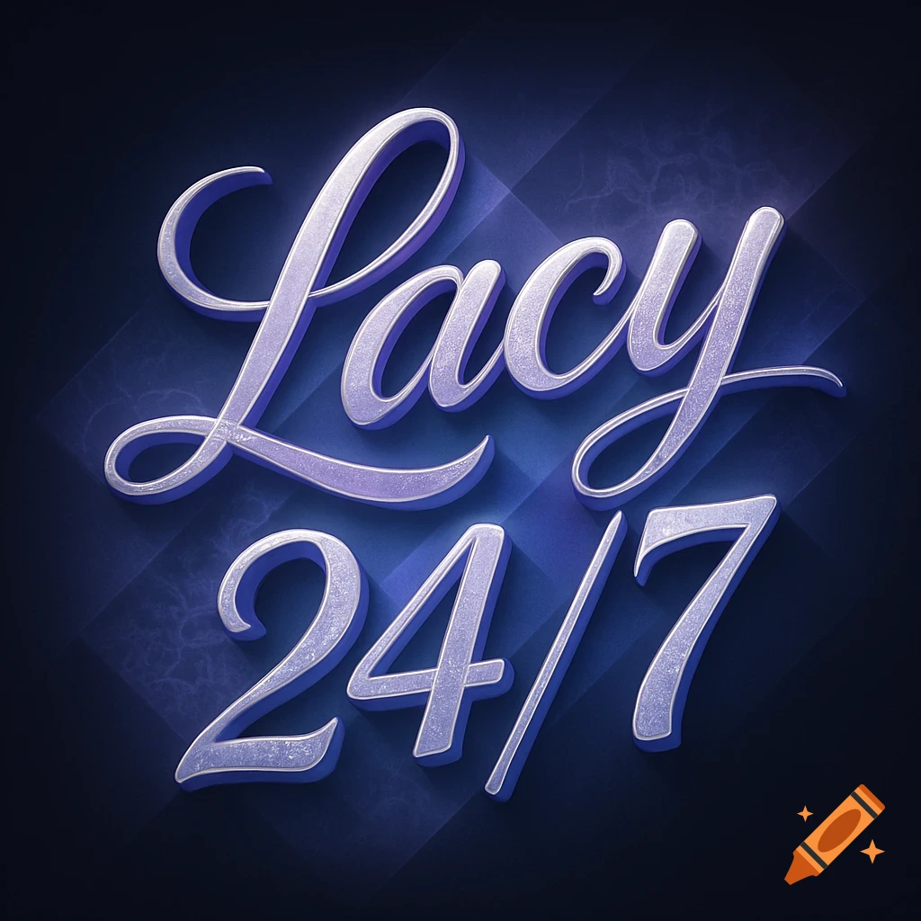 Stylized, glittery 3D text "Lacy 24/7" on a dark blue background with a subtle geometric pattern.