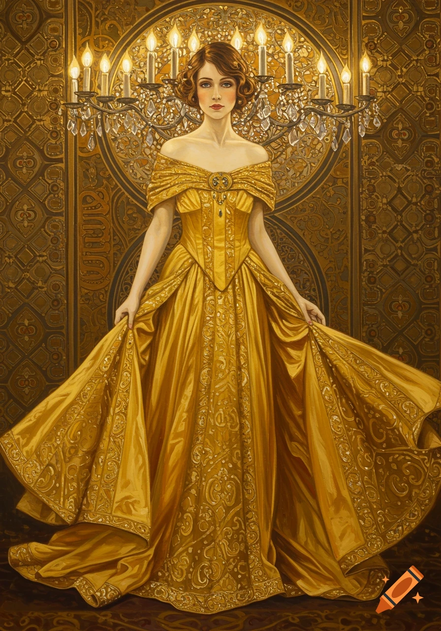 An oil painting of a woman in an elaborate golden off-the-shoulder gown, standing before a gold patterned background with a chandelier.