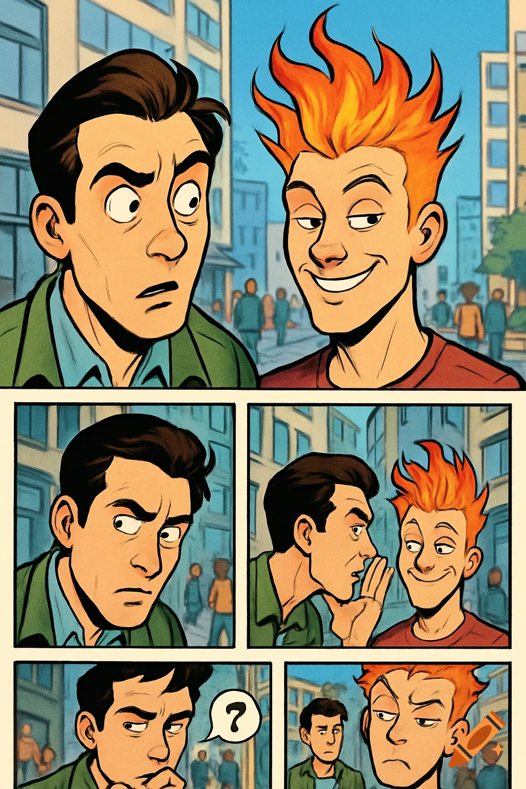 A comic page in six panels shows a man reacting with shock and suspicion to his friend's spiky, fiery red hair.