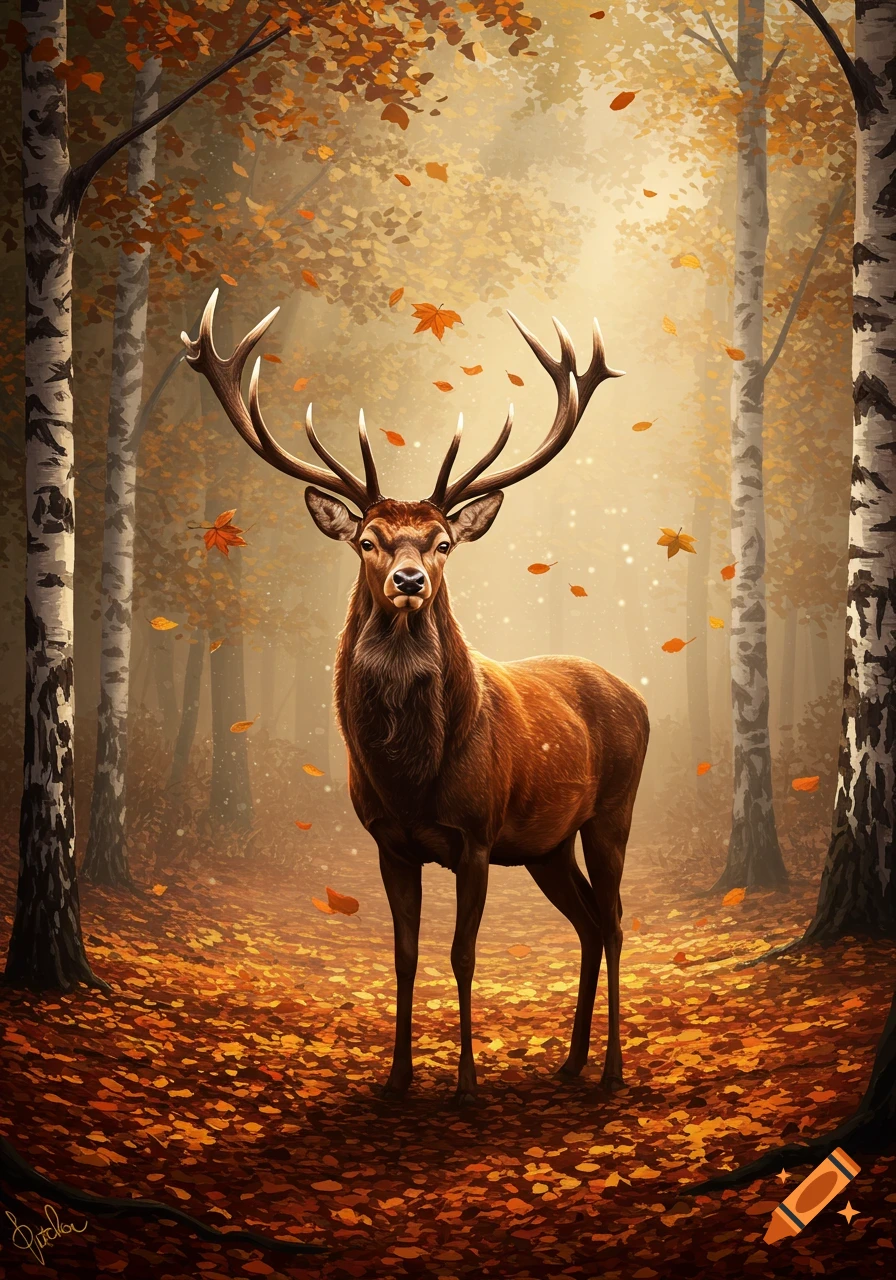 A majestic deer with large antlers stands in an autumn forest with fallen orange leaves and tall trees in an artistic style.