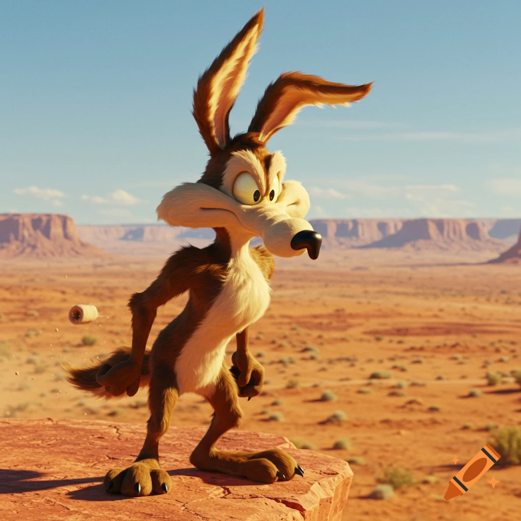 Photorealistic Wile E. Coyote stands on a cliff edge in a vast, sunny desert landscape with mesas in the distance.