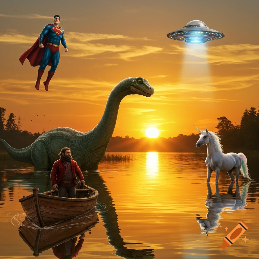 Superman flies over a lake at sunset with a long-necked dinosaur, a bearded man in a boat, a unicorn, and a UFO in the sky.
