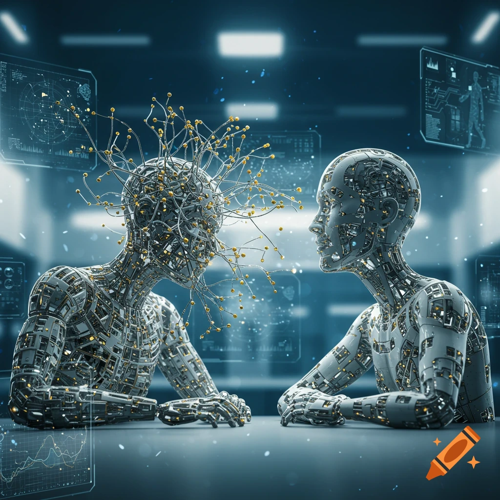 Two metallic, circuit-covered humanoid figures, one with wires on its head, face each other at a table in a futuristic room with data screens.