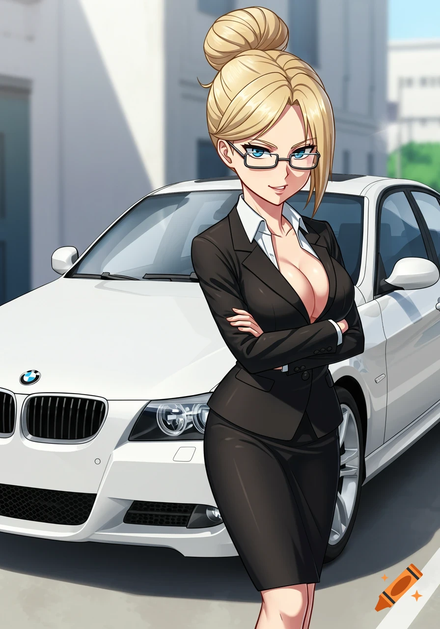 Anime woman with blonde bun, blue eyes, glasses, smug expression, in low-cut business attire, standing in front of a white BMW E90.