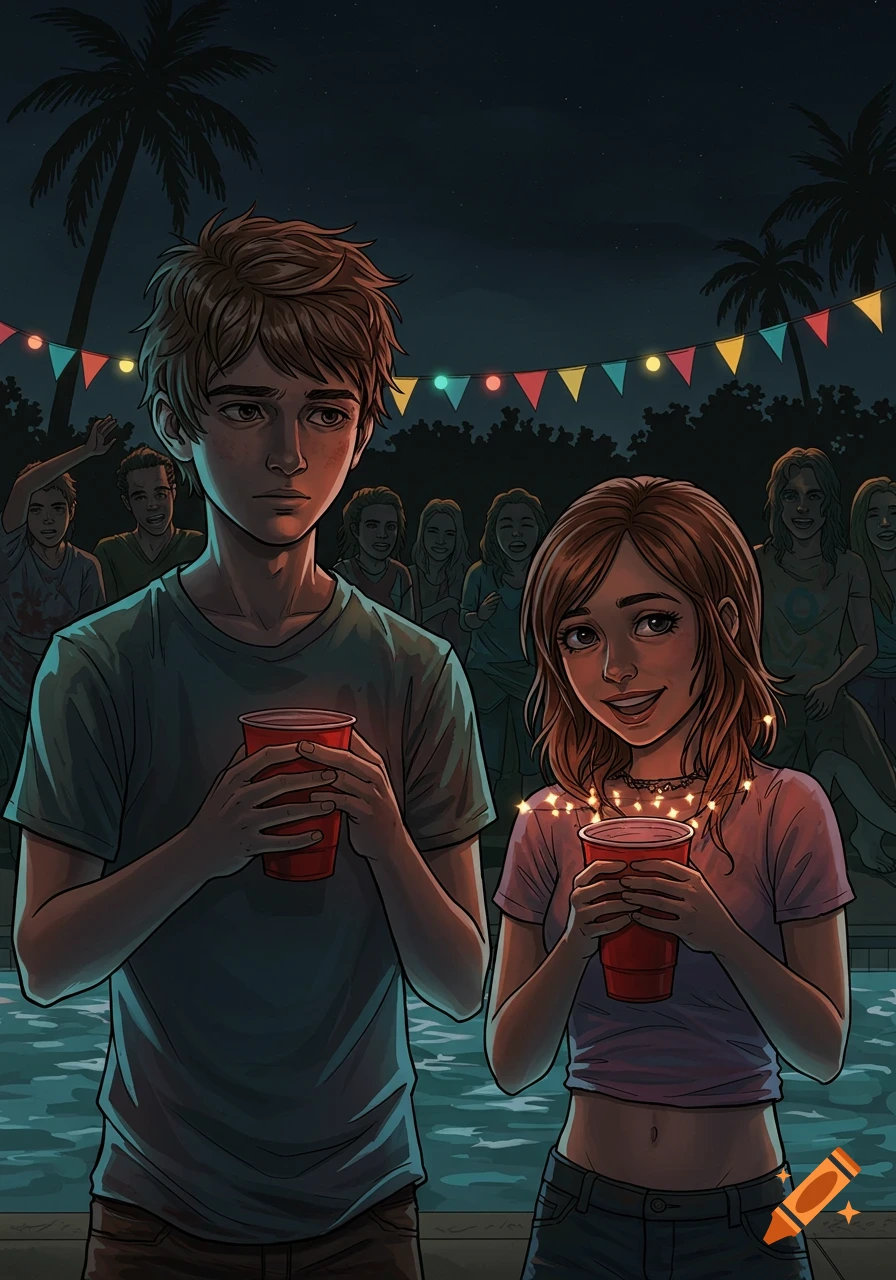 A dark, realistic comic book illustration of a boy and girl with red cups at a night pool party, surrounded by friends and string lights.