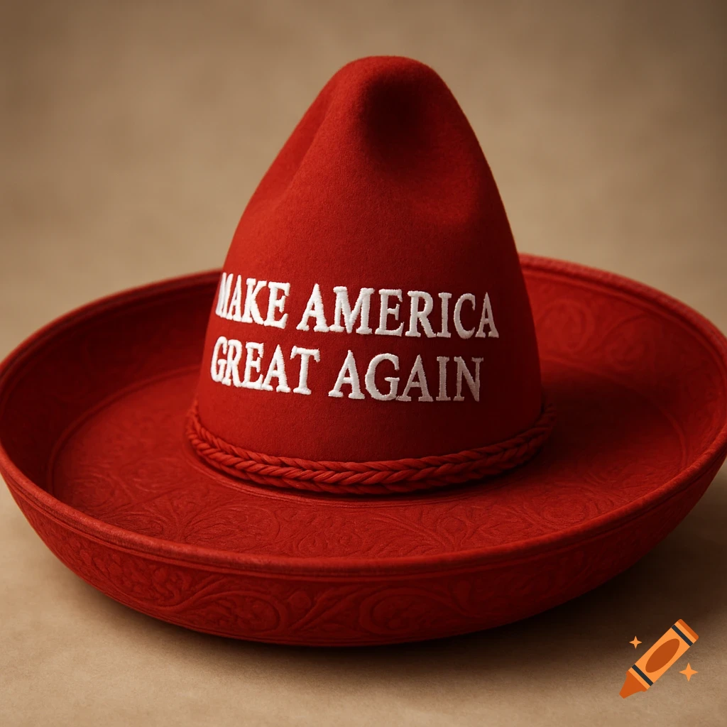 A close-up of a red sombrero with the white text 'MAKE AMERICA GREAT AGAIN' embroidered on it.