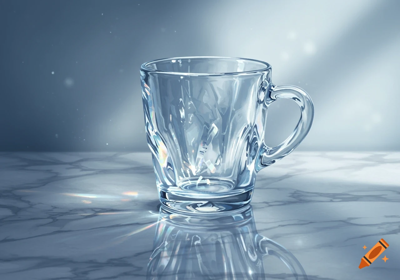 A clear glass mug with a handle, reflecting light and creating refractions on a polished marble surface with a soft, light blue background.