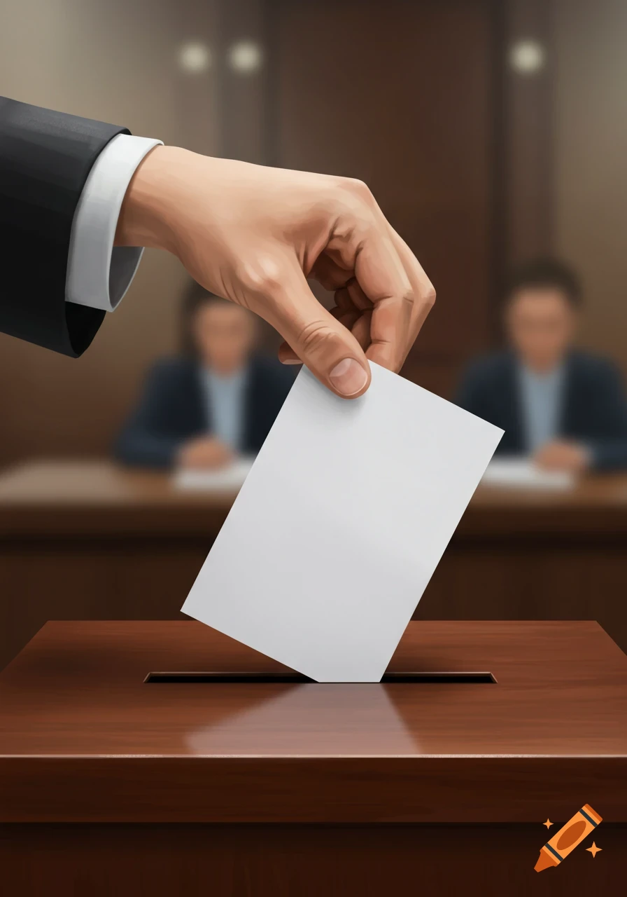 A man's hand in a suit sleeve casts a white ballot into a wooden ballot box in an illustrative style.