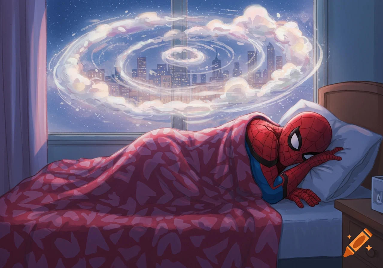 Spider-Man sleeps in bed under a red blanket, dreaming of a city skyline with swirling clouds, comic art style.