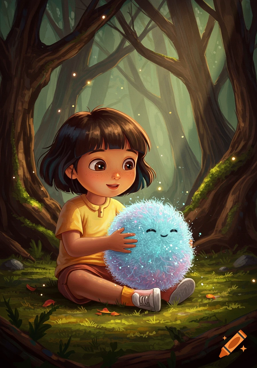 A cartoon girl sits in a magical forest, happily holding a glowing blue and pink fuzzy creature with a smiling face.
