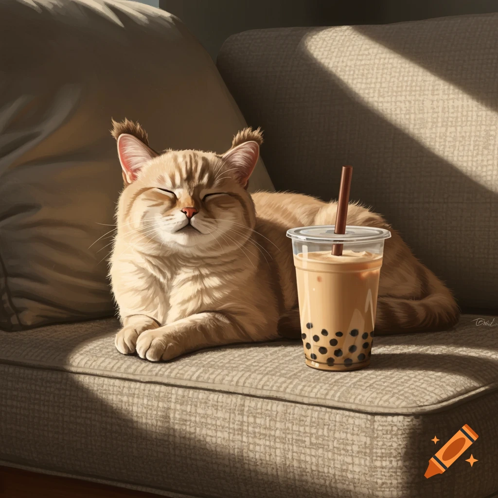 A beige cat with closed eyes and tufted ears rests on a textured sofa next to a cup of boba tea, bathed in sunlight.