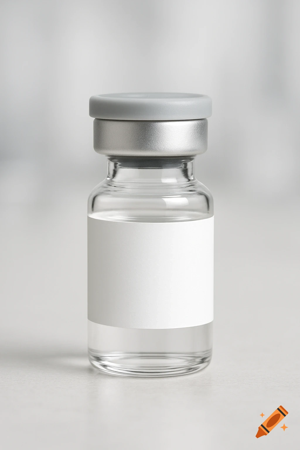 Clear glass medical vial with a blank white label and grey cap on a neutral background, photorealistic style.