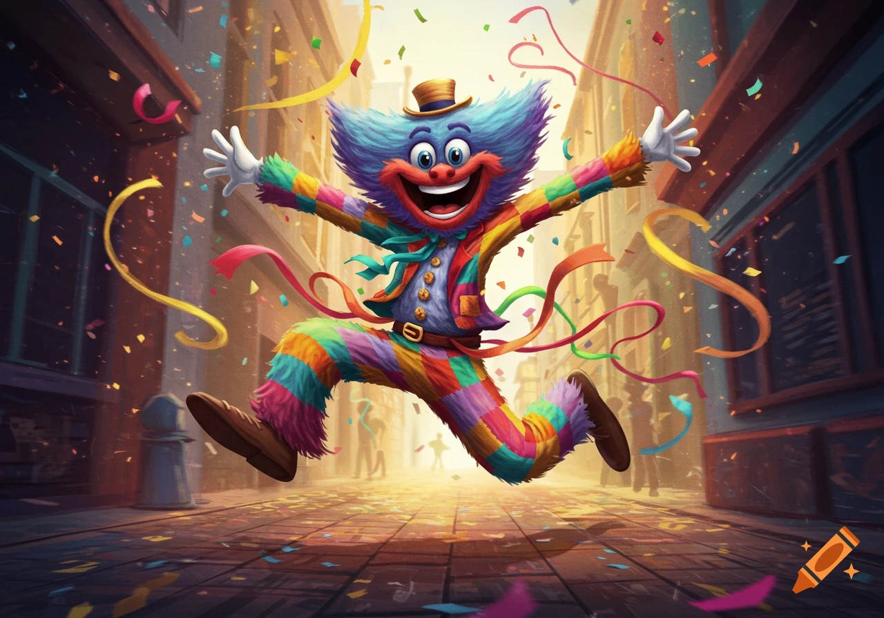Vibrant illustration of a fluffy, multi-colored character in a top hat jumping joyfully in a city street filled with confetti.