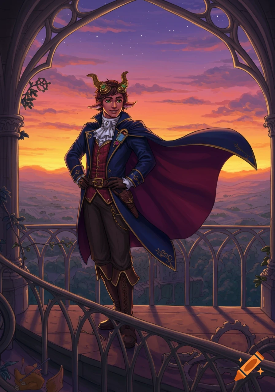 A male fantasy character in steampunk clothing, with horns and elf ears, stands on an ornate balcony at sunset. Digital art.