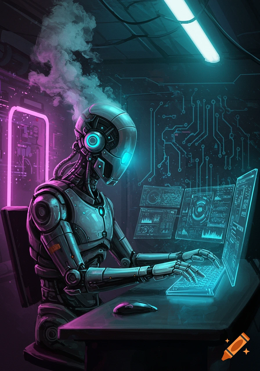 A cyberpunk robot with glowing blue eyes and neon pink smoke works at a computer desk with multiple data screens in a dark, futuristic room.