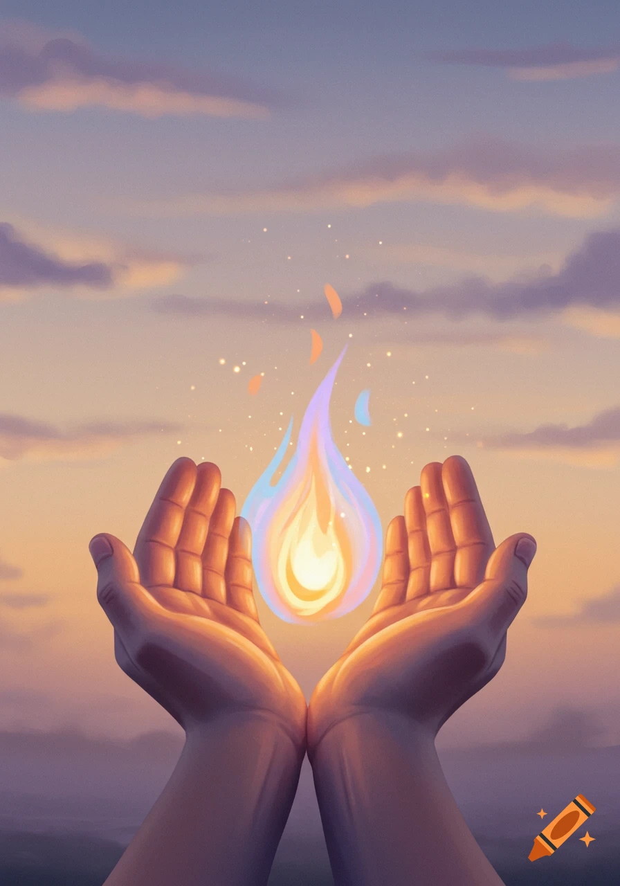 Two cupped hands hold a vibrant, glowing magical flame against a soft sunset sky, digital illustration.