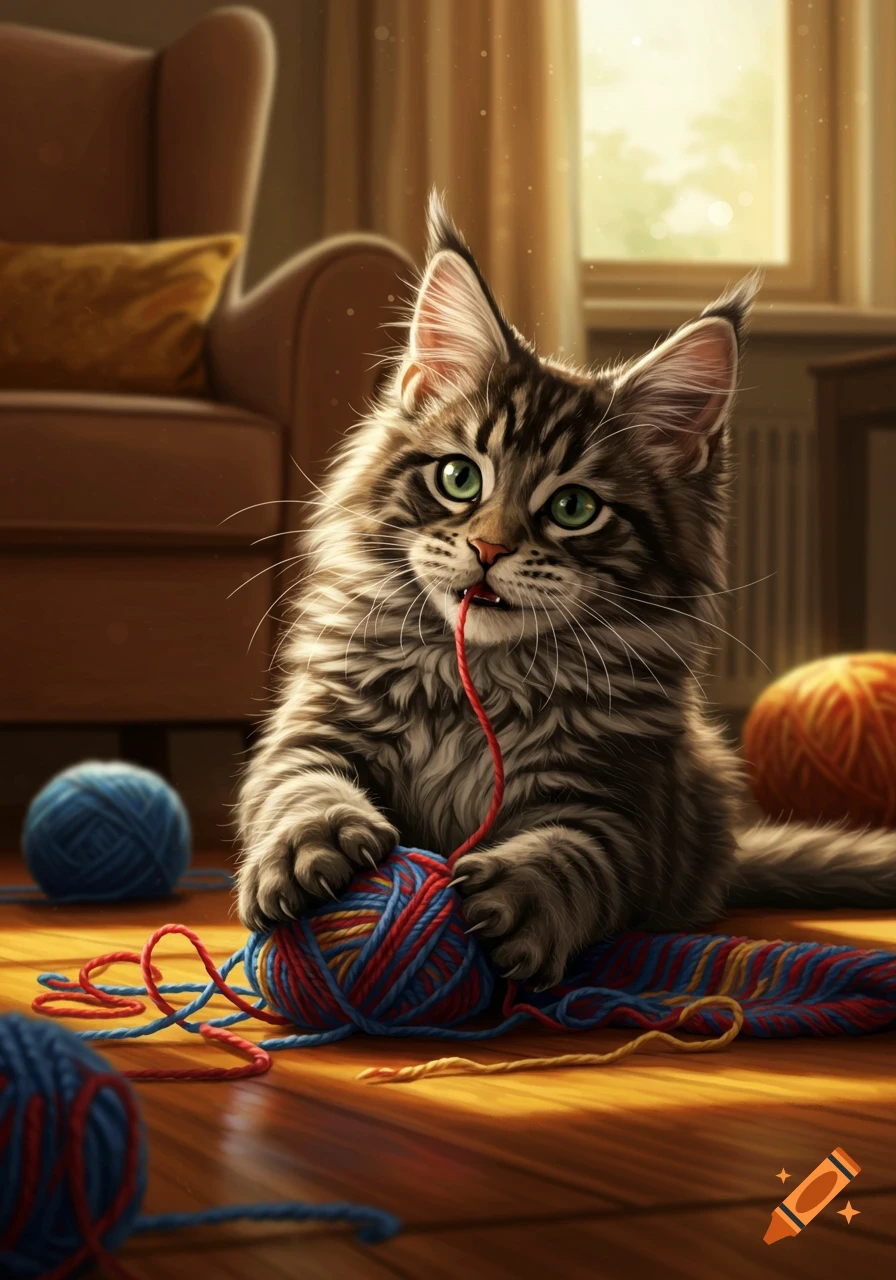 A fluffy tabby kitten with bright green eyes plays with a tangle of colorful yarn on a wooden floor in a cozy, sunlit room.