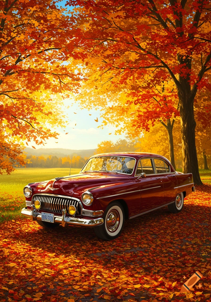 A maroon classic car parked on a leaf-strewn path, surrounded by vibrant orange and yellow autumn trees in a bright, illustrative style.