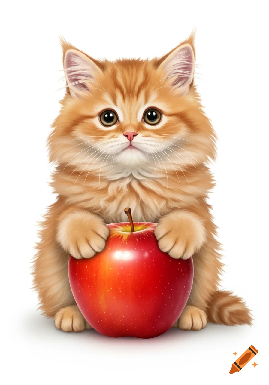 A fluffy cartoon ginger Angora kitten holds a large red and yellow-green apple on a white background.