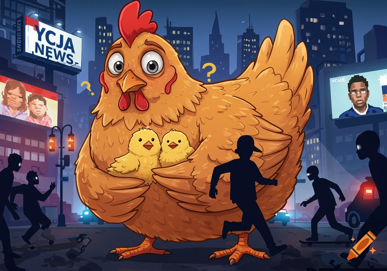 A giant cartoon hen protects two chicks in a dark city street, surrounded by running shadowy figures and billboards, one reading "YCJA NEWS".