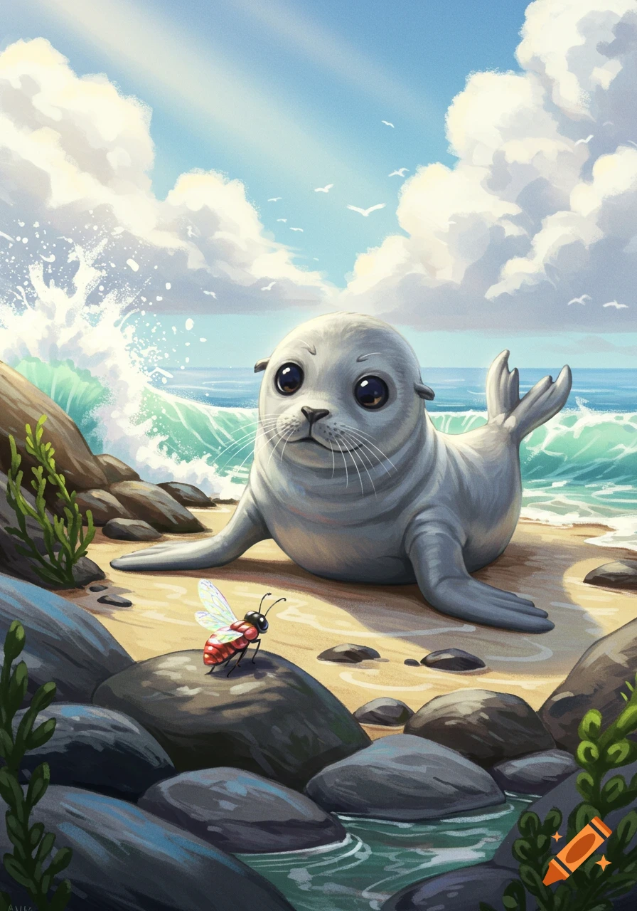 A cute illustration of a baby seal on a sandy beach, looking at a red bug. Waves and blue sky in the background.