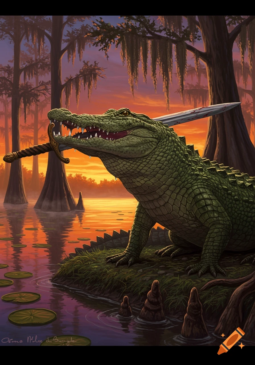 An illustration of a green alligator standing on a swamp bank, holding a bloody sword in its mouth at sunset.